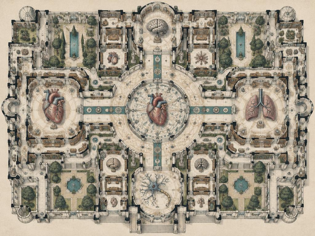 Illustrated floor plan of a medical memory palace organized by anatomy