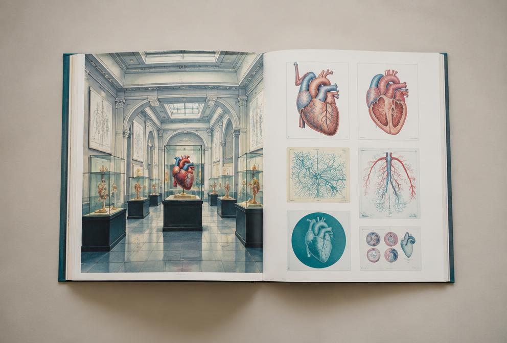 Open cardiovascular medical atlas in a museum-gallery style