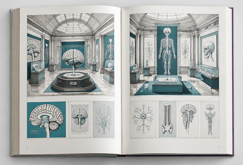 Open neurologic atlas with visual memory-palace rooms